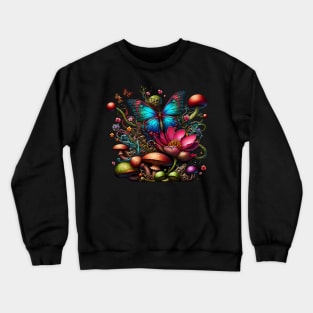 Butterfly in garden of flowers and mushrooms Crewneck Sweatshirt